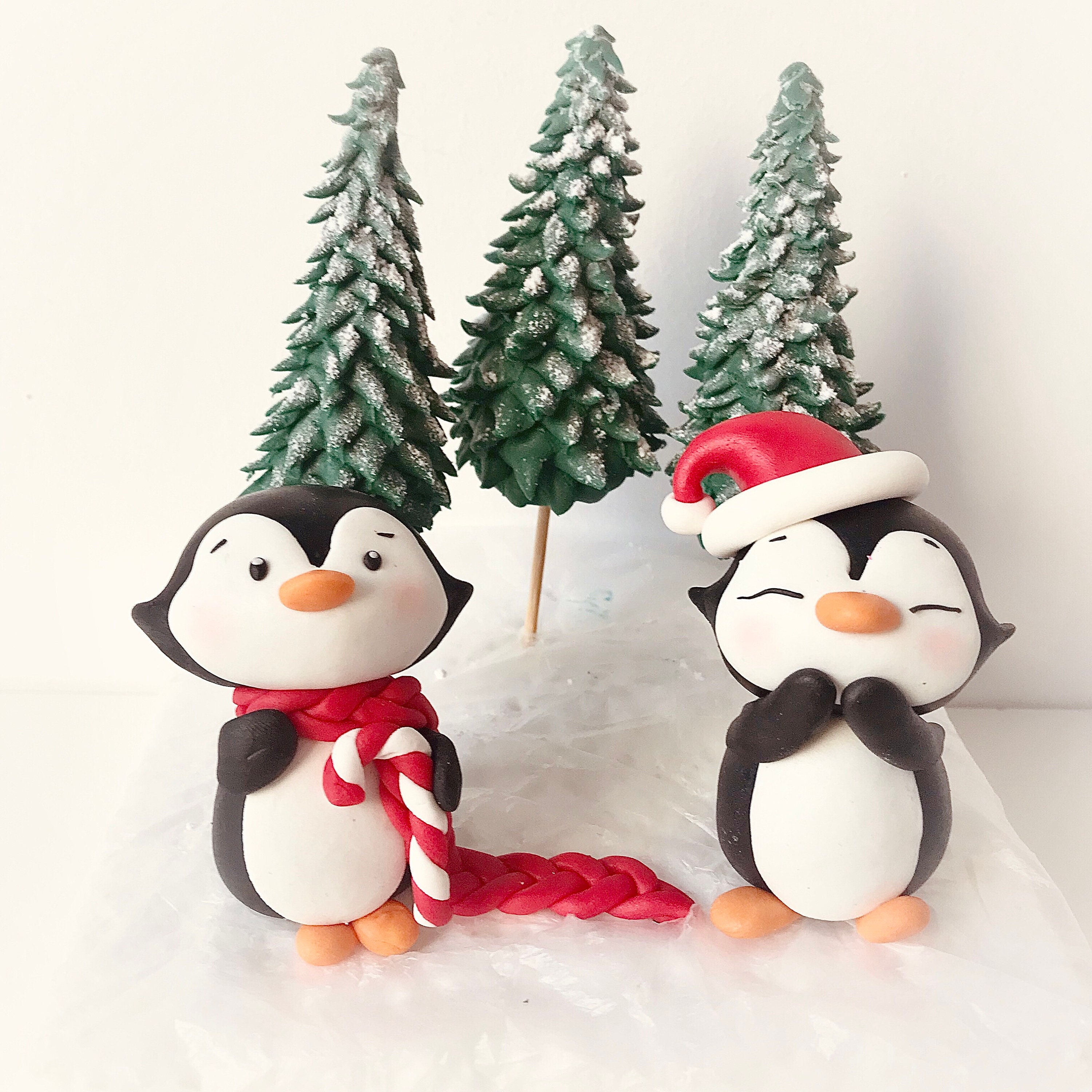 Sugarpaste Cake Topper Penguins and Christmas Winter Trees 