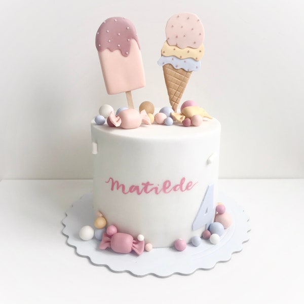 Glace faite main, décoration de gâteau, fondant, pâte à sucre, crème glacée, rose, été, décoration d'anniversaire, garçons, filles, beignet, bonbon, thème, heureux, bien crafte