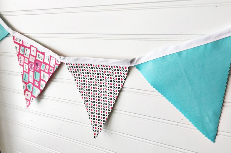 Valentine Valentine fabric bunting Aqua and red bunting Modern Valentine bunting Modern holiday decor Valentine garland heart bunting