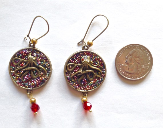 Mystic Fortune Teller Dangling Gypsy Costume Gold//Red Dangle Earrings