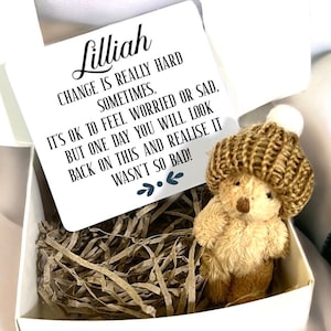 May include: A white gift box filled with brown shredded paper. Inside the box is a small stuffed toy wearing a brown knitted hat and a card with the text "Lilliah CHANGE IS REALLY HARD SOMETIMES, IT'S OK TO FEEL WORRIED OR SAD, BUT ONE DAY YOU WILL LOOK BACK ON THIS AND REALISE IT WASN'T SO BAD!"