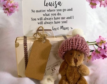 Personalised Travelling Moving Gift , When we’re apart gift , always there bear , tiny teddy bear , always with you bear , adventure gift
