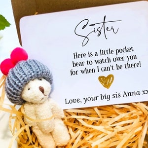 Personalised Bear Sister Gift , Pocket Bear Hug , Sister Letterbox Gift , cute sister keepsake , miniature teddy bear , always there sister