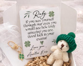 Personalised Good Luck Exam Box - lucky GCSE / A Levels Test Gift - Graduation Pocket Hug Bear