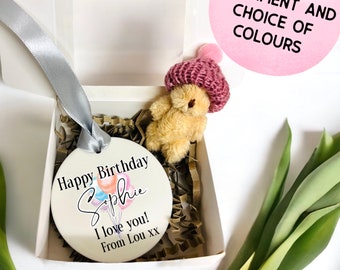 Personalised Birthday Bear , tiny birthday pocket bear , Personalised birthday plaque , miniature teddy , sister birthday gift , friend gift