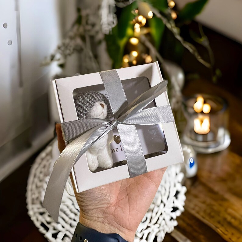 This photo demonstrates the tiny pocket bear with hat accessory inside a charming gift box and finished off with silver ribbon for a luxury finish.