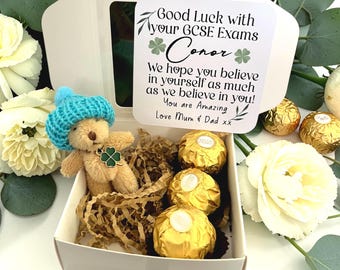 Personalised GCSE Good Luck Gift – Exams Lucky Bear Charm – GCSE Encouragement Pocket Hug Teddy
