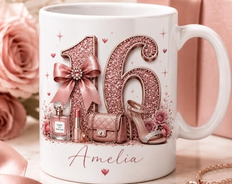 Personalised 16th Birthday Mug For Girls | Sweet 16 Mug | Pink Glitter Birthday Cup | Custom Name Mug | 16th Birthday Gift For Daughter