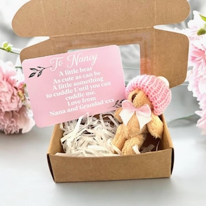 Miniature Teddy Bear Gift - Personalised Card & Hat Accessory - Long Distance Pocket Hug - Travelling or Moving gift