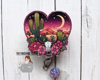 Portatarjetas de acrílico estilo western "Luna del desierto" / Portatarjetas de identificación de resina con purpurina / Accesorio de trabajo