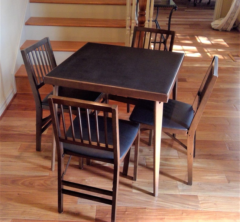 Vintage Stakmore Solid Wood Folding Table And Four Chairs Bridge Table Card Table