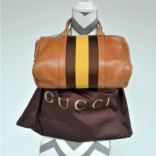 New Price - Authentic GUCCI Boston Satchel - Made in Italy - Nubuck Tobacco Leather with Brown Yellow Webbing