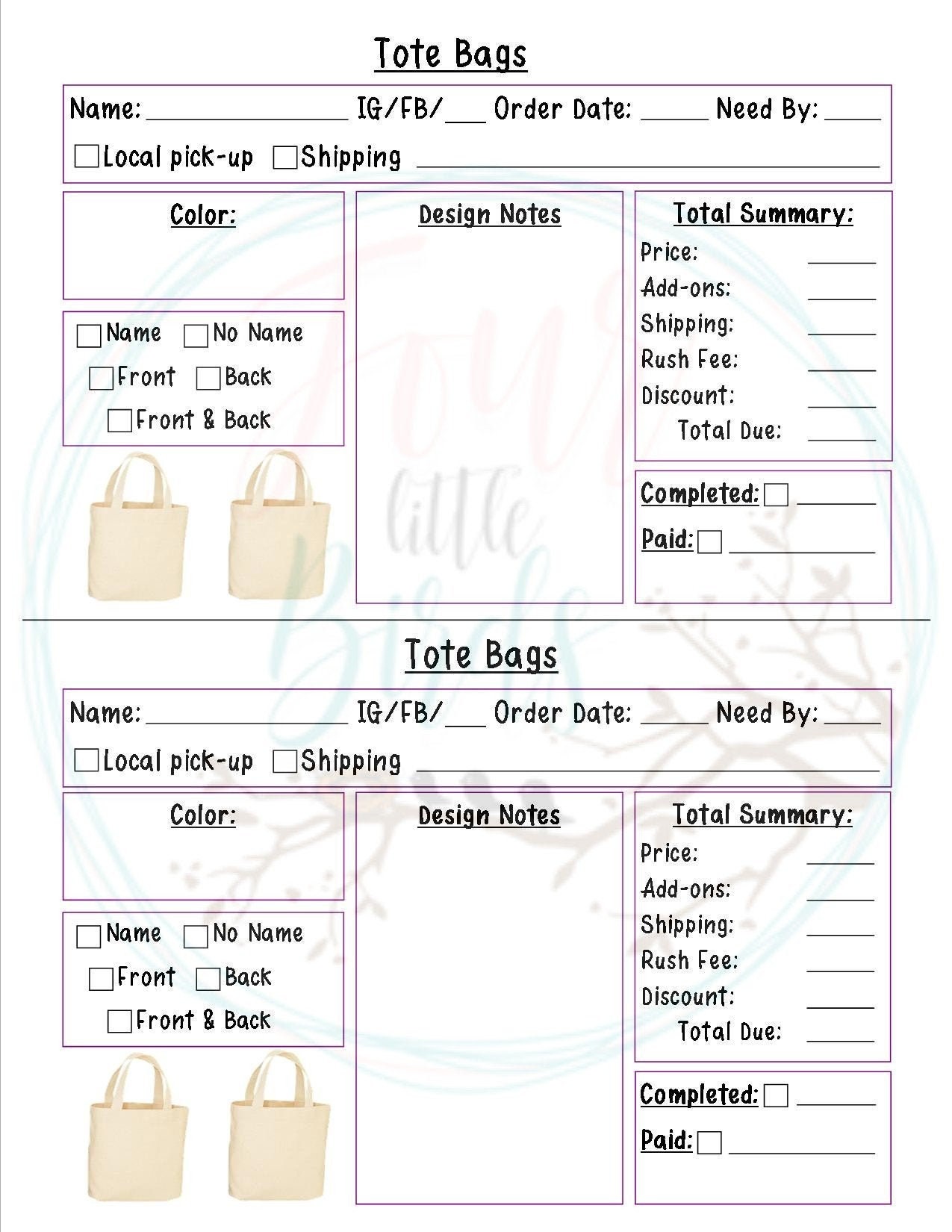PDF/JPEG Order form for Tote bags handbags bags craft fair Etsy