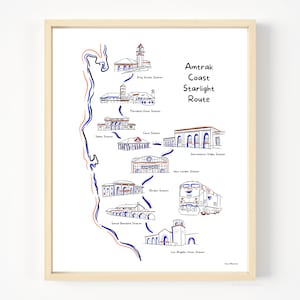 Carte du trajet Amtrak Coast Starlight | Gares Amtrak de la côte ouest | Carte illustrée du voyage en train