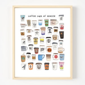 Tazas de café de Seattle / Impresión artística de pintura de acuarela original