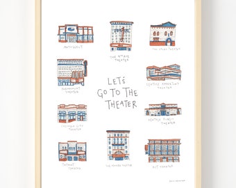 Theaters of Seattle | Original Watercolor Illustration Print | Favorite Seattle Theaters | WA Playhouses | Performing Arts Venues