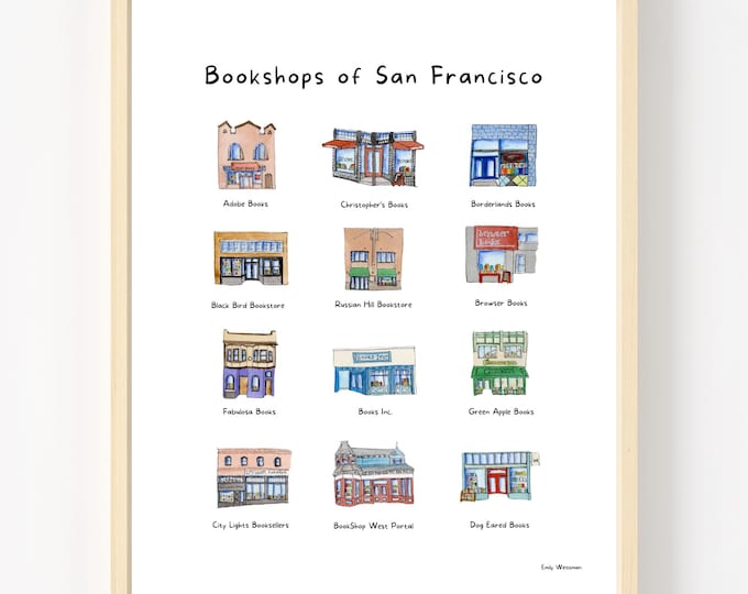 Bookshops of San Francisco | Watercolor Print | Favorite SF Bookstores Art