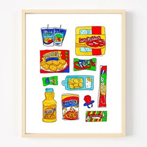 May include: A framed art print featuring colorful hand-drawn illustrations of various 1990s snack foods including Capri Sun pouches, a Lunchables box, Bagel Bites, Fruit by the Foot, a Go-Gurt tube, SunnyD, SpaghettiOs, a ring pop, and Fruit Stripe gum.