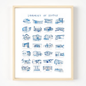 Bibliotheken von Seattle | Druck von Original Aquarell Malerei | “Seattle Bibliothek” Illustrationen