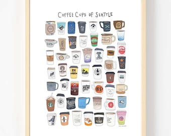 Coffee Cups of Seattle | Art Print of Original Watercolor Painting