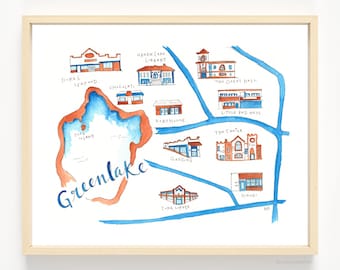 Greenlake Seattle WA Neighborhood Map - 8x10" Print of Original Watercolor Painting