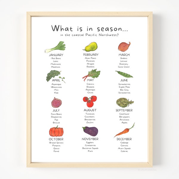 Illustrated PNW Produce Calendar | Guide To Local Produce | What's In Season In The Pacific Northwest | What To Eat When Art Print