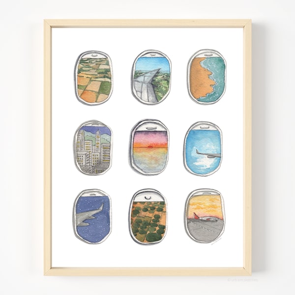 Airplane Window Watercolor Painting | Minimalist Travel Art Print | Travel Lover Wall Decor