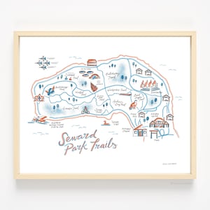 May include: A hand-drawn map of Seward Park Trails in Seattle, Washington. The map features a variety of trails, including the Hatchery Trail, the Woodpecker Trail, and the Bald Eagle Trail. The map also includes several points of interest, such as the Arboretum, the Pottery Studio, and the Grape Crypt.