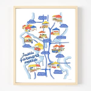 Bauernmärkte von Seattle illustrierte Karte | Fine Art Print nach Original Aquarell