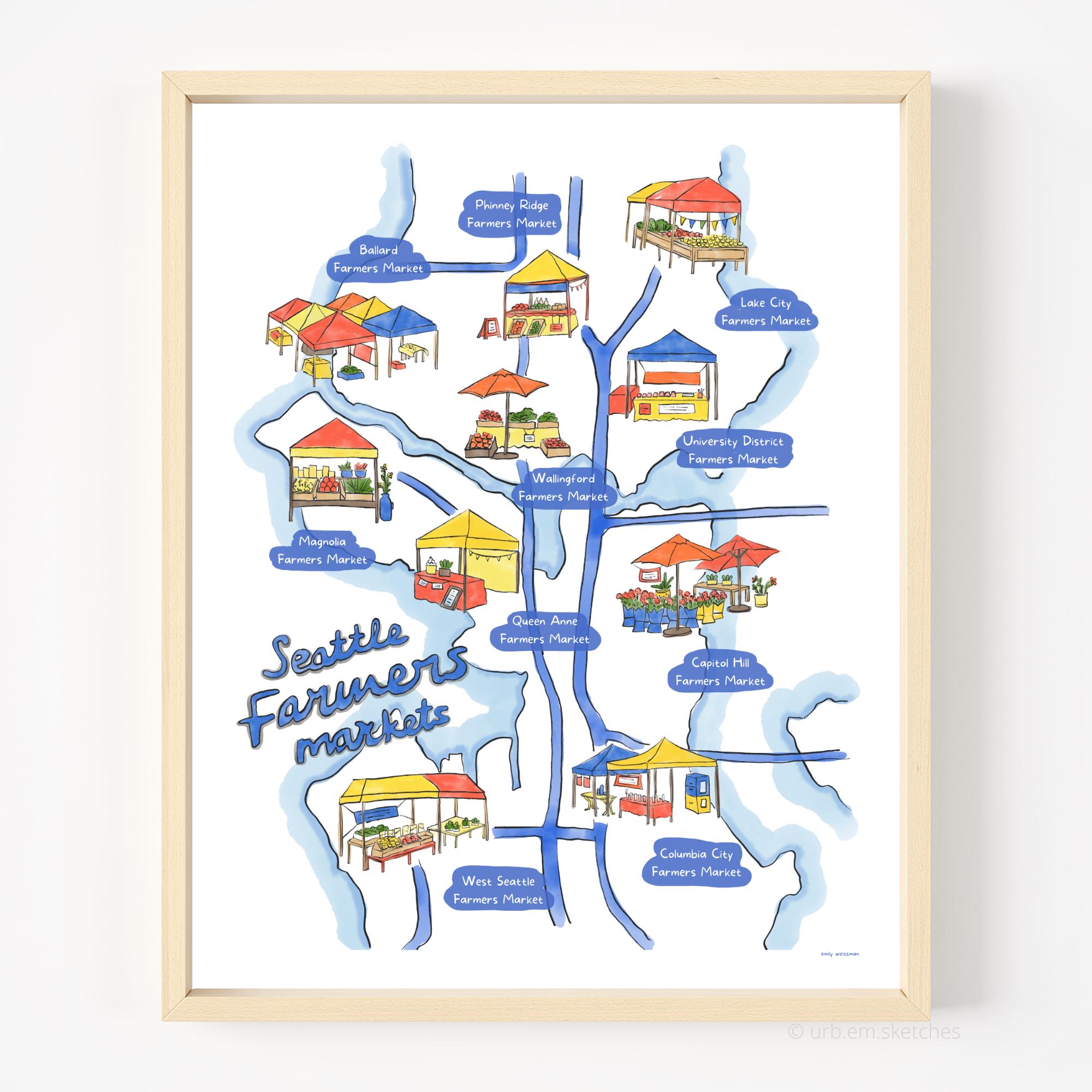 細川真希 原画「People in Seattle 2011」16×26cm Farmers Markets of Seattle Illustrated Map | Fine Art Print of