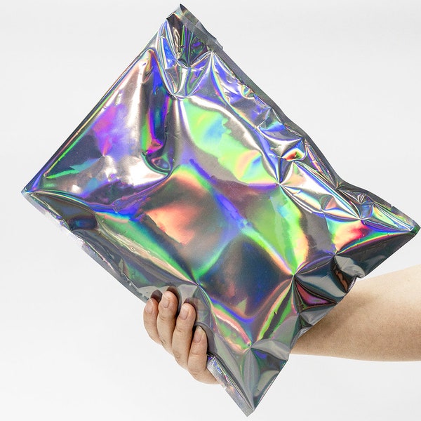 Benutzerdefiniertes Logo Glänzende Glitzer Umschläge Mailing Regenbogen metallic Aluminiumfolie Kleidung Versandtaschen holografische Poly-Mailers