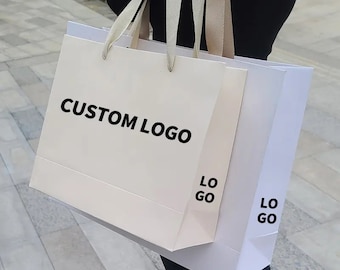 100Pcs Custom Logo Boutique Paper Bags Shopping Bags with Handle Clothes Merchandise Bag Boutique Retail Bag Party Gift Bag Wedding Bag