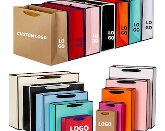 100Pcs Custom Logo Boutique Paper Bags Shopping Bags with Handle Clothes Merchandise Bag Boutique Retail Bags Party Gift Bag Wedding Bags