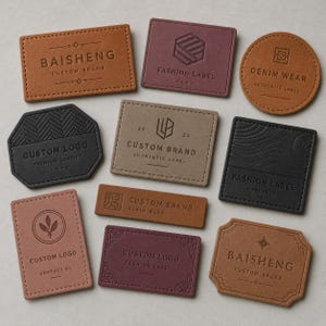 May include: A collection of eleven assorted faux leather clothing labels in various shapes including rectangular, circular, and octagonal. The labels feature embossed text and logos such as Baisheng, Fashion Label, and Custom Brand in colors including tan, brown, black, and maroon.