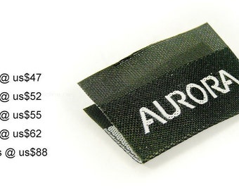 May include: Black woven fabric label with white text that reads "AURORA". The label is 1 inch by 2 inches. Pricing information is listed for different quantities.
