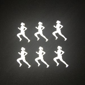 May include: Six white silhouette images of a person running. The silhouettes are arranged in two rows of three. The background is black.