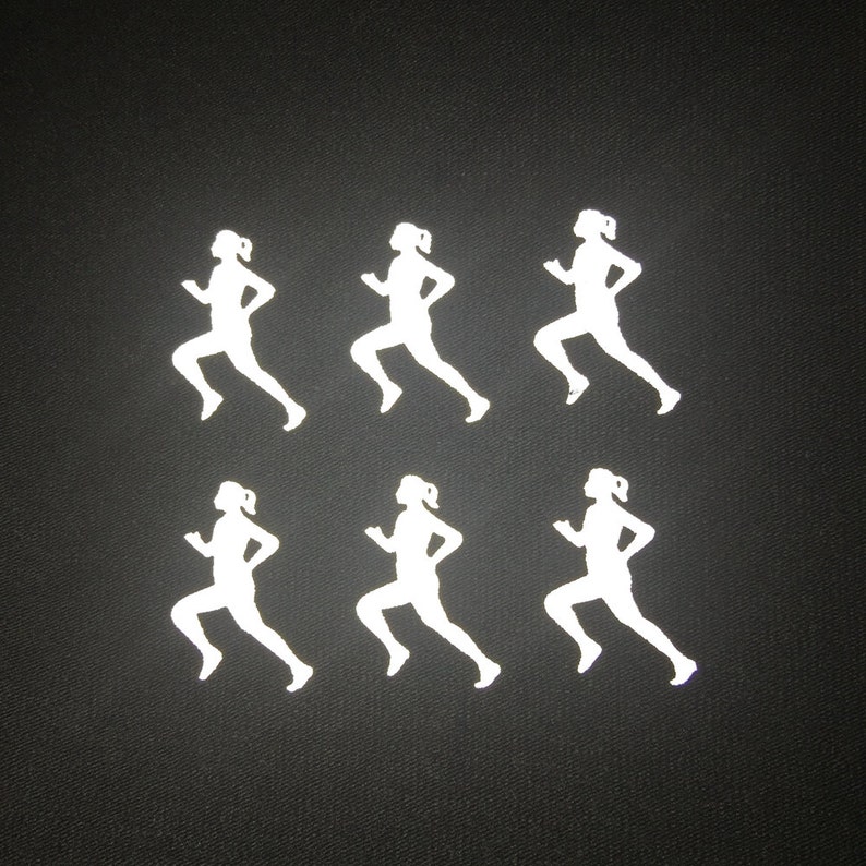 May include: Six white silhouette images of a person running. The silhouettes are arranged in two rows of three. The background is black.