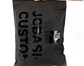 May include: Black poly mailers with a zipper closure. The mailers have the text "JC BASIC CUSTOM" printed on them in white.
