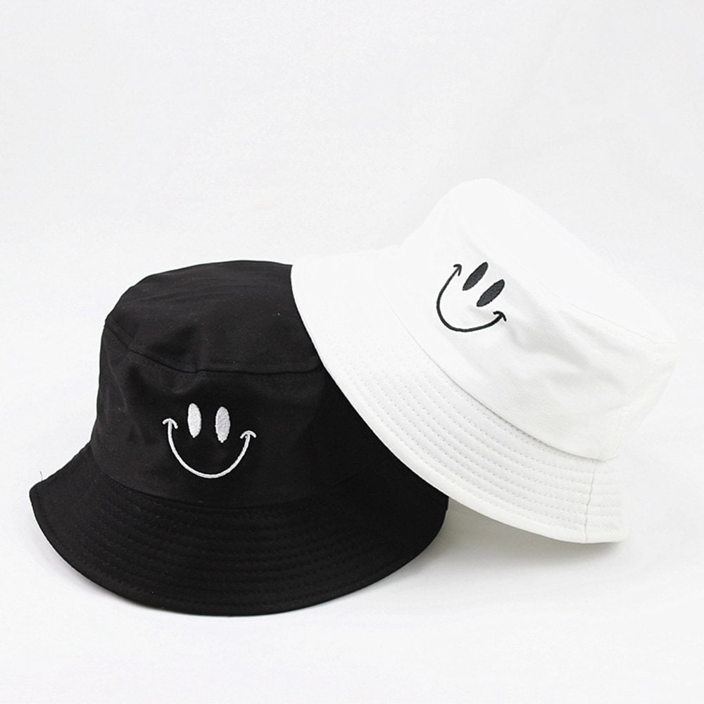 Anroll Unisex Smiling Face Embroidered Bucket Hats Sun Hat for Womens Men  Black3