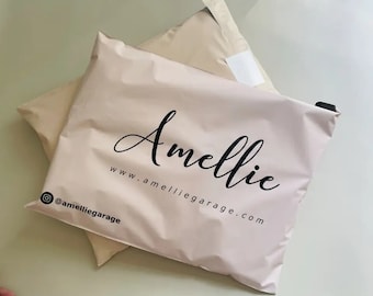 100–1000 Stück beigefarbene, individuell gestaltbare Poly-Versandtaschen mit Klebeverschluss, extrem leicht, mit einfarbigem Logo.