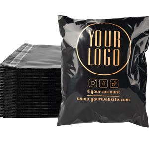 May include: A stack of black poly mailers with a gold logo that says "YOUR LOGO" and the text "@your account www.yourwebsite.com".