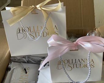 May include: White gift bags with gold lettering and ribbon bows in light pink and cream. The bags have silver rope handles and the text "HOLLIANNA STUDIOS" printed on the front. Several bags are visible inside a cardboard box.