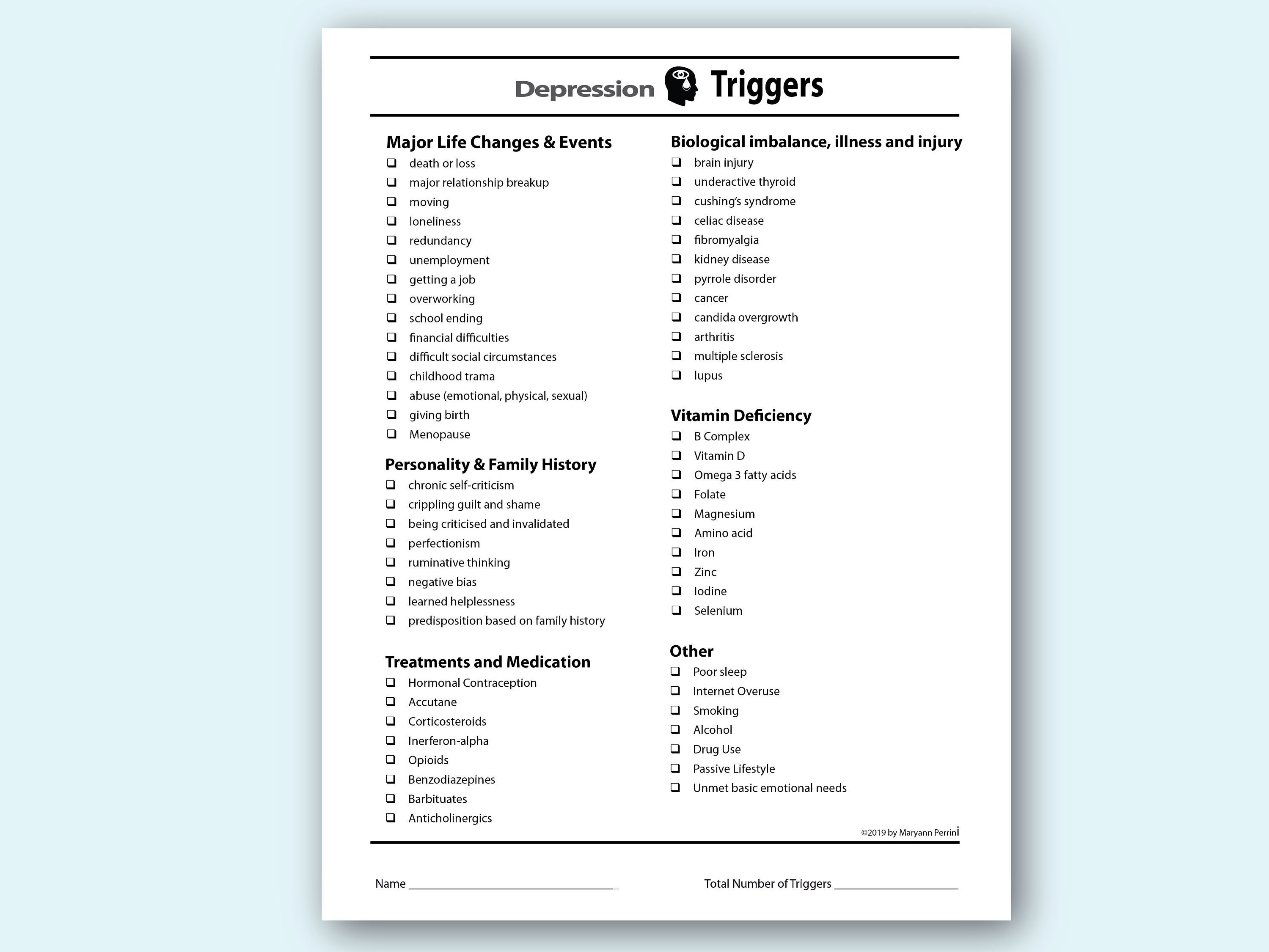 Printable Depression Triggers Check List Etsy