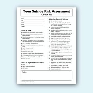 Teen Suicide Risk Assessment Printable Check List