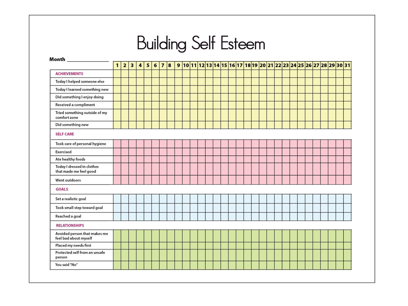 Printable Self Esteem Tracker Pdf