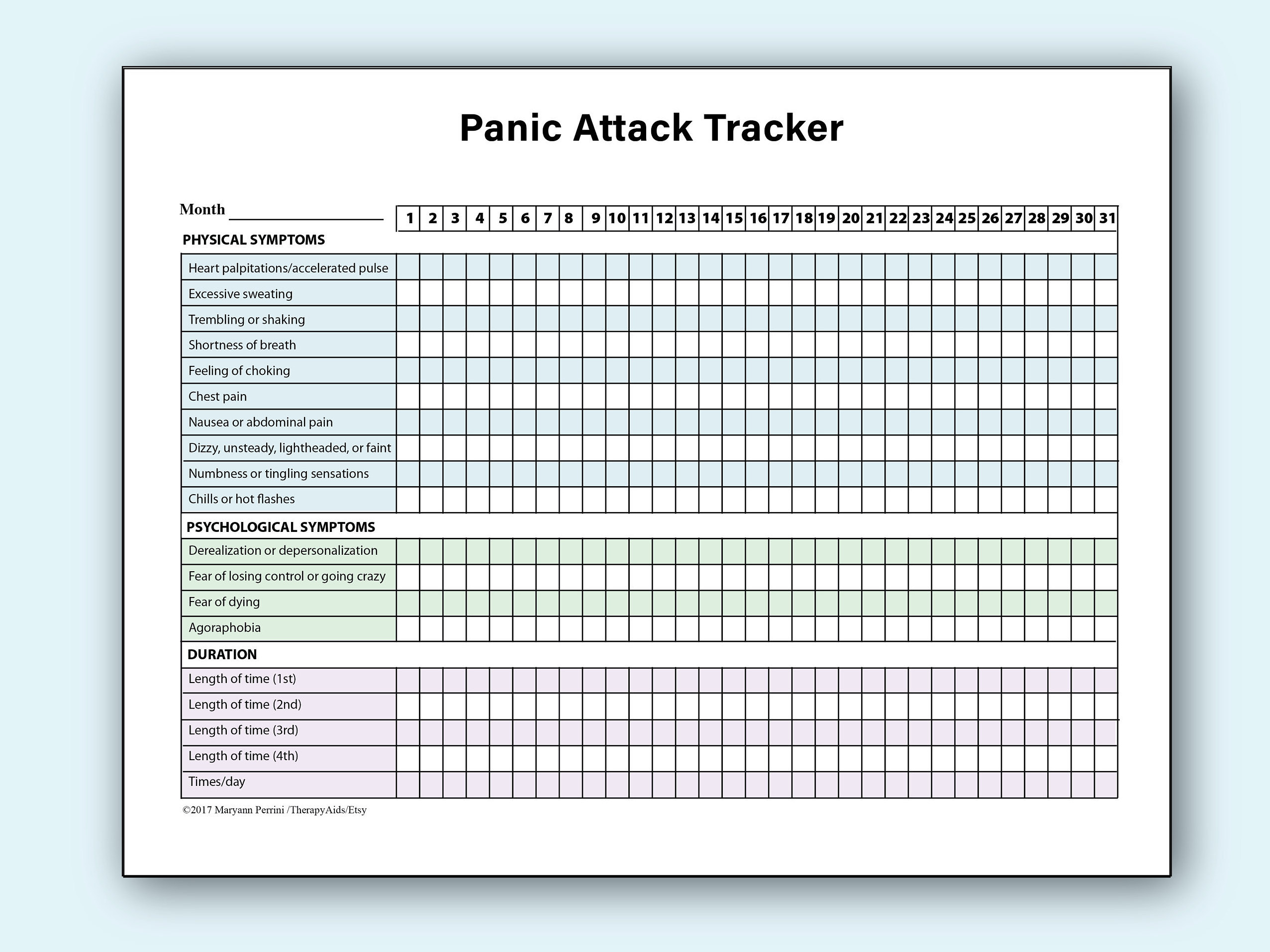 Printable Panic Attack Tracker - Etsy