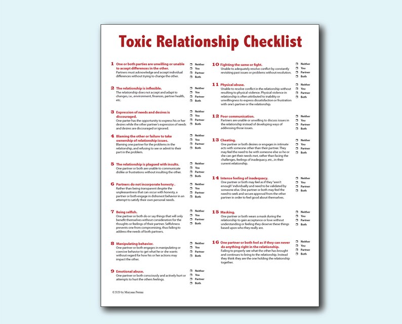 Printable Toxic Relationship Questionnaire/Checklist | Etsy