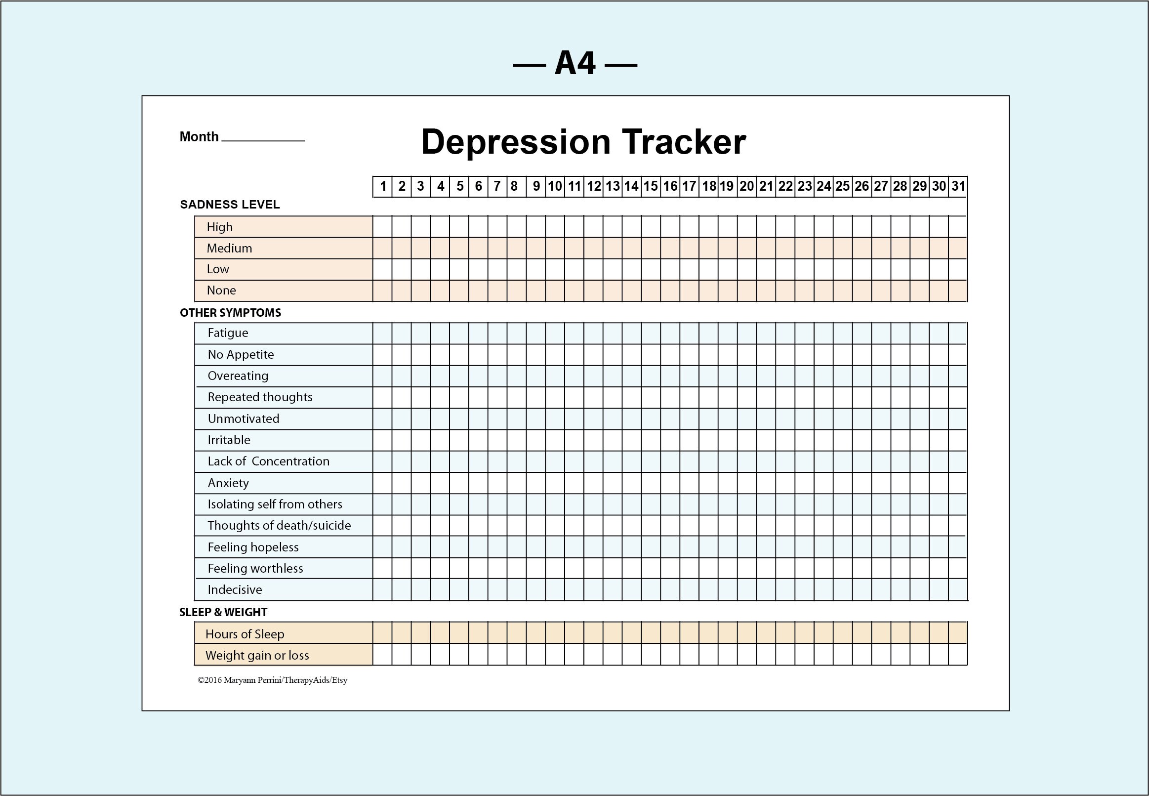 Printable Depression Symptoms Sleep and Weight Tracker in Etsy