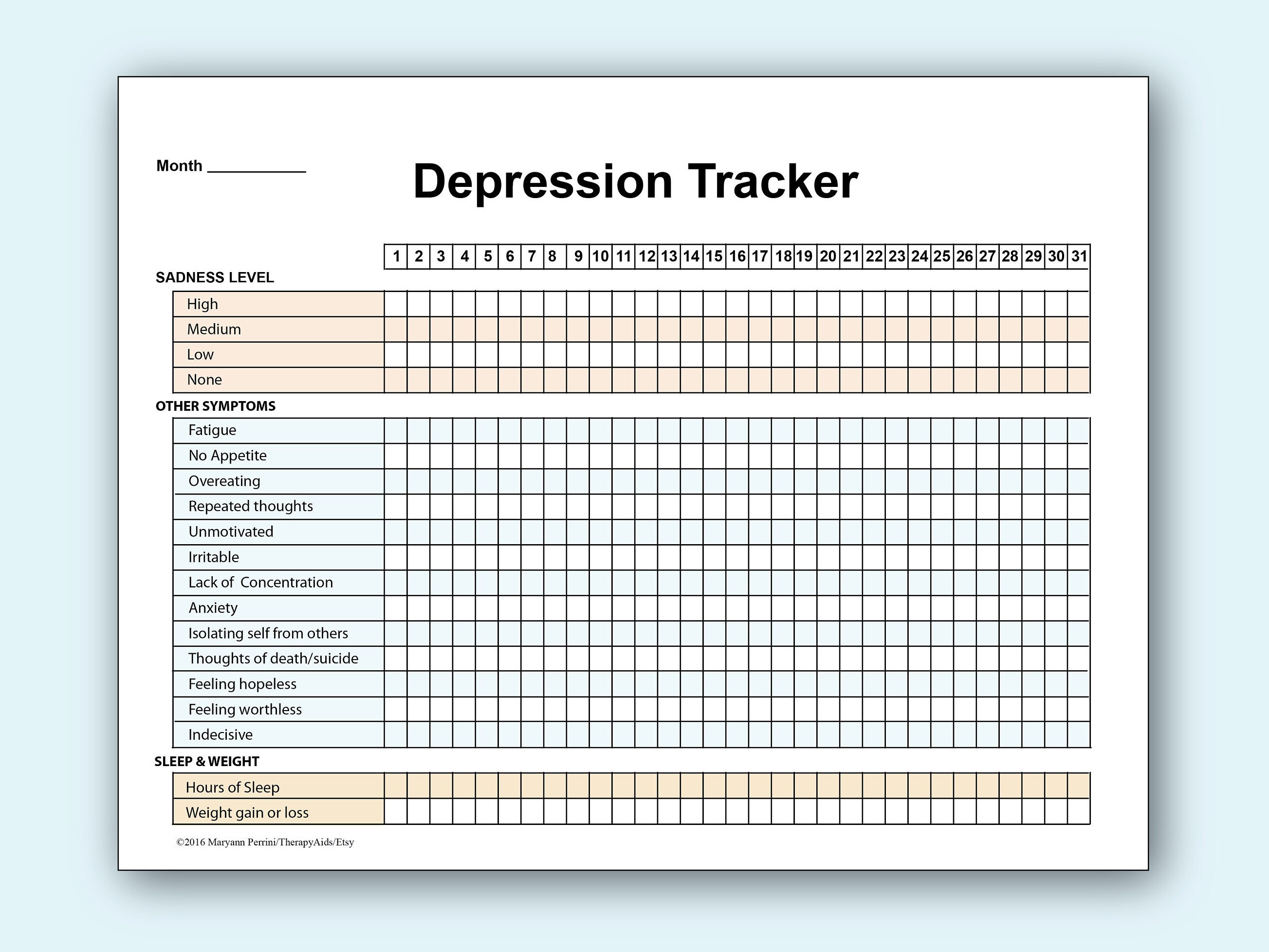 Printable Depression Symptoms Sleep and Weight Tracker in | Etsy