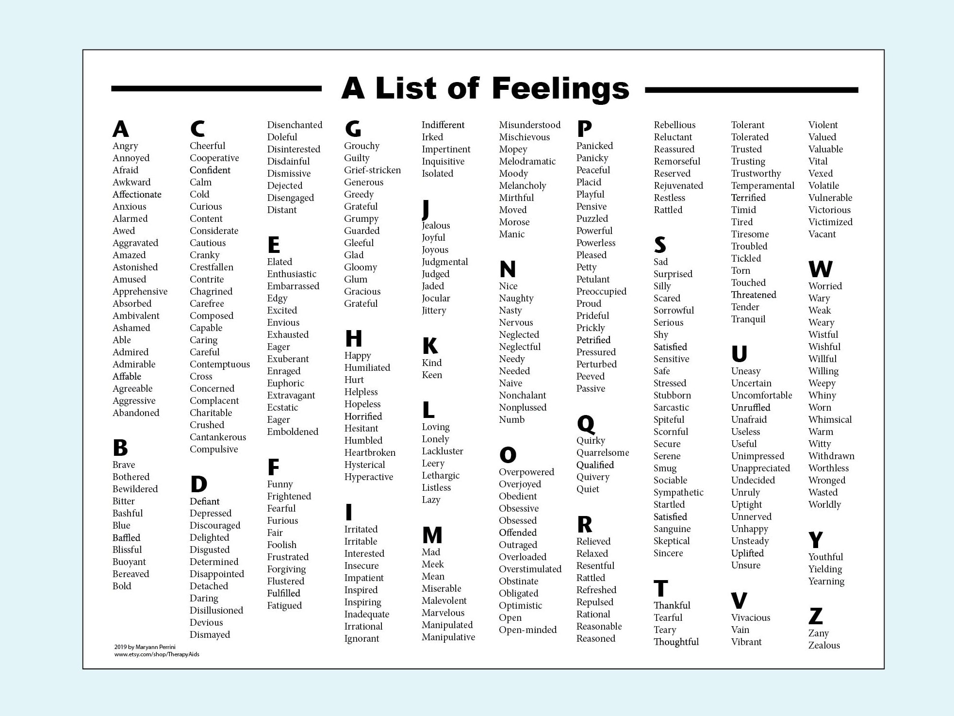 Printable List Of Emotions